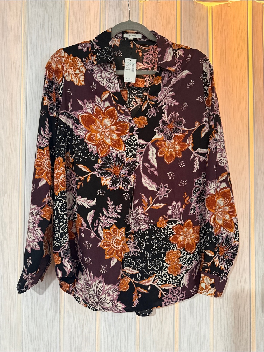 Maurices Floral Button-Down Shirt in Plum and Rust
